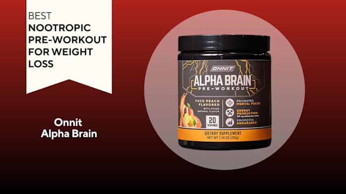 A red background with a banner reading "Best Nootropic Pre-Workout for Weight Loss" next to a black and orange container of Onnit Alpha Brain Pre-Workout in Yuzu Peach flavor